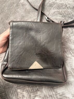 Vintage Gucci Dark Brown Leather Messenger Bag with Silver Accent